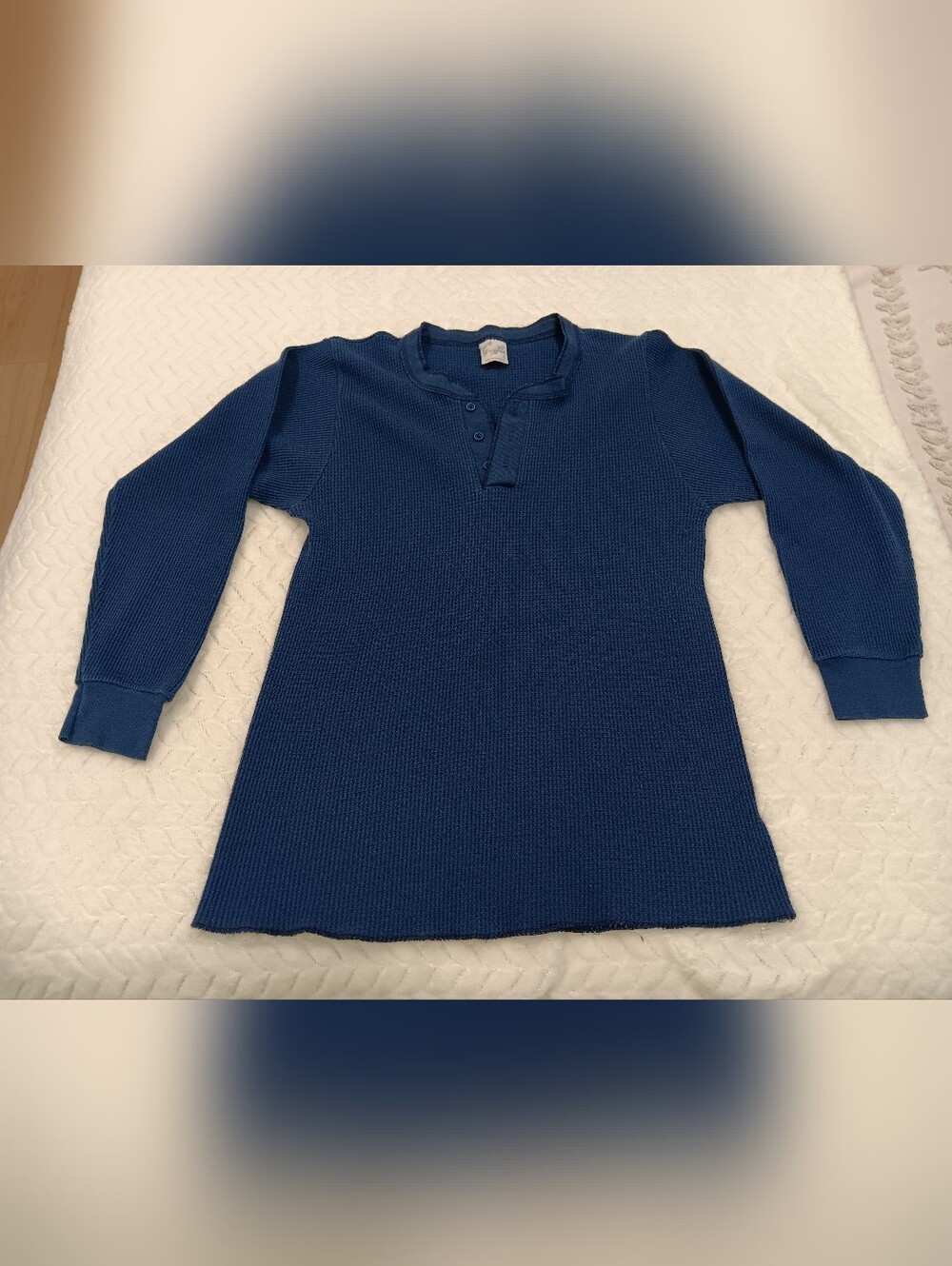 Wrights Vintage Long Sleeve Thermal Henley Top - Blue